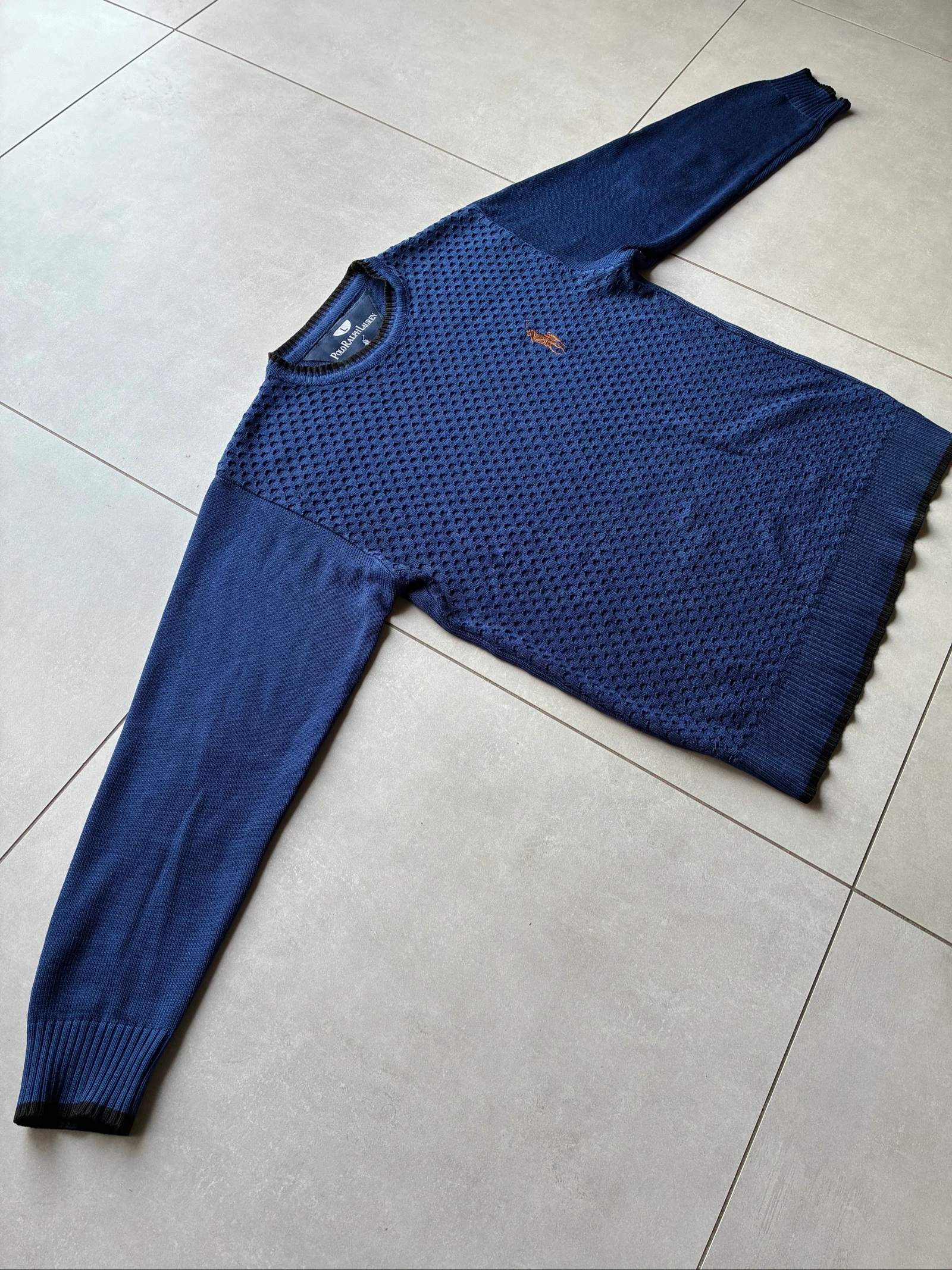 Polo Ralph Lauren Suéter Azul Gola Redonda Texturizado Vintage Y2K Logo Bordado Marrom Remendo nos Cotovelos – photo 10